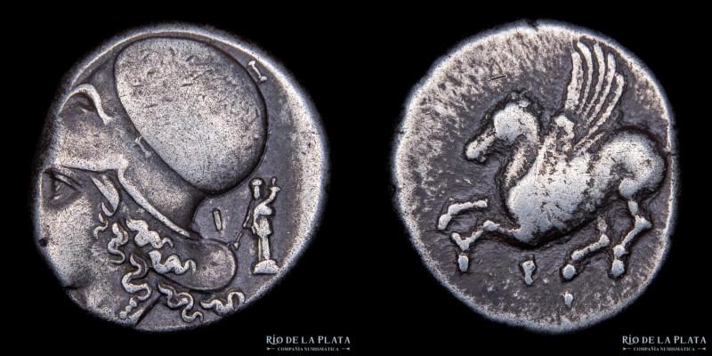 Corintia (Corinto) AR Stater 375-300AC. 19.5mm; 8.47g. A: Cabeza de Atenas a izq...