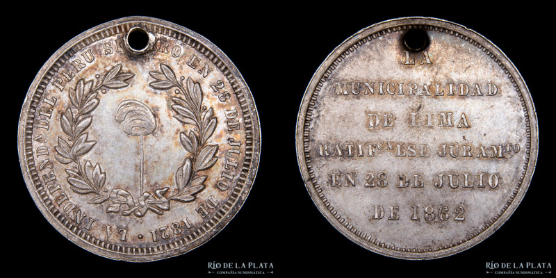 Perú. 1862. Jura de Independencia. Lima. AG; 30mm; 11.86g. (XF) Perforada
Estim...