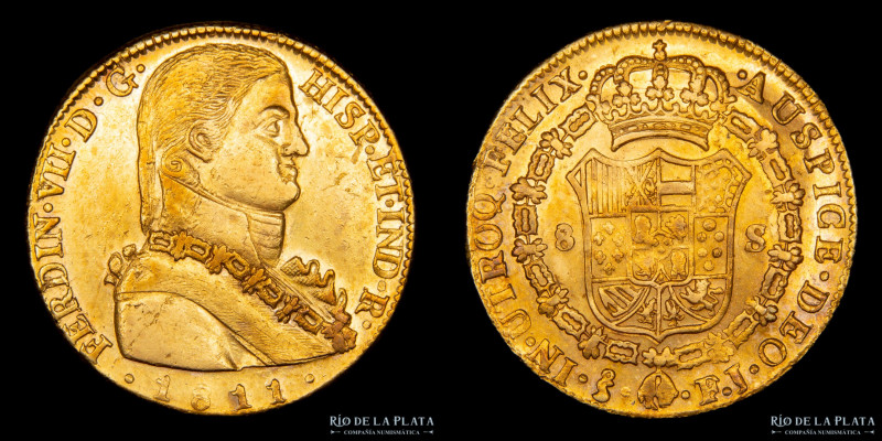 Santiago. Fernando VII (1808-1833). 8 Escudos 1811 FJ. AU.875; 36mm; 27.01g. KM7...