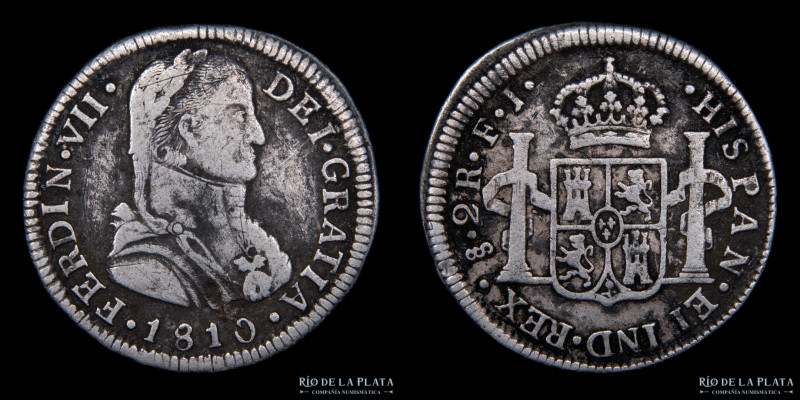 Santiago. (Chile) Fernando VII (1808-1833) 2 Reales 1810 FJ. AG.896, 28mm; 6.50g...