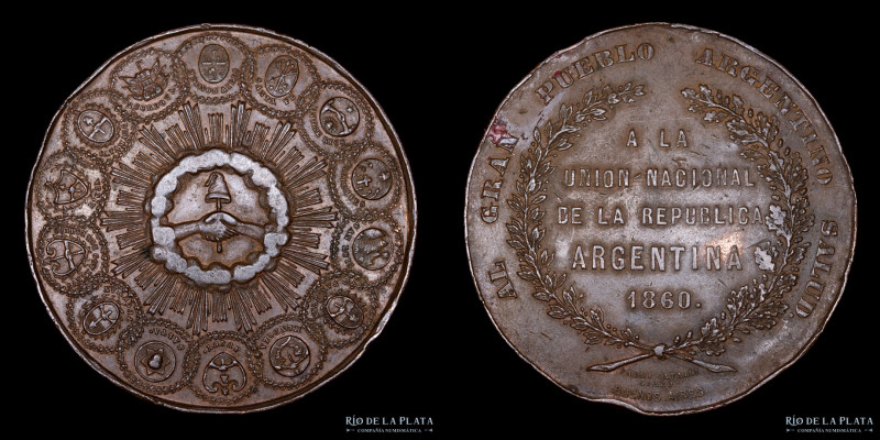 Argentina. 1860. A la Unión Nacional. Grabador: Pablo Cataldi. CU; 55mm; 103.92g...