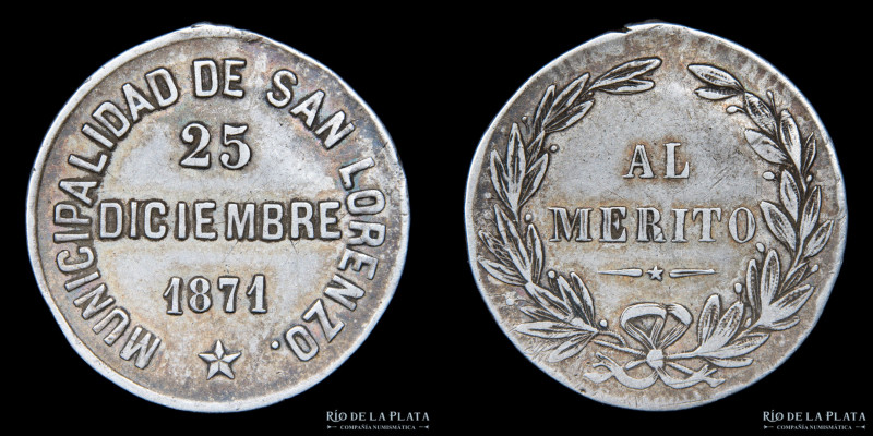 Argentina. 1871. Municipalidad de San Lorenzo. Plata; 25.0mm; 5.06g. A: MUNICIPA...