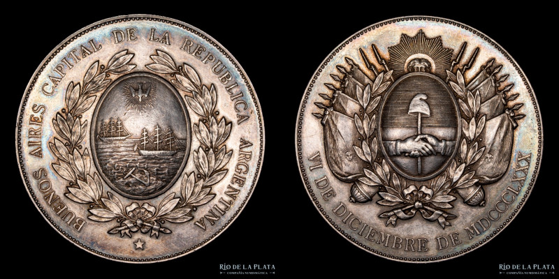 Argentina. 1880. Buenos Aires Capital Nacional. AG; 50mm; 64.57g. Rosa 579; Burz...