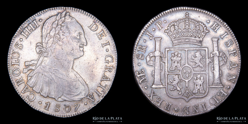 Lima. Carlos IV (1788-1808) 8 Reales 1807 JP. AG.896; 38.5mm; 26.91g. KM97 (XF)...