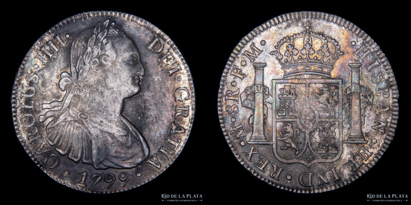 México. Carlos IV. 8 Reales 1799 FM. AG.896; 40mm; 26.97g. KM109. (XF) Limpiada...