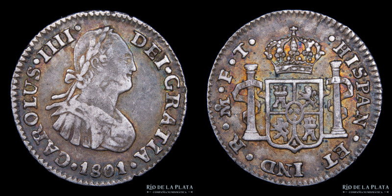 México. Carlos IV (1788-1808) 1/2 Real 1801 FT. AG.903; 16.2mm; 1.67g. KM72 (VF+...