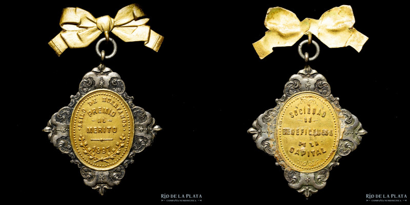 Argentina. 1897. Sociedad de Beneficiencia. Al Mérito. AG con dorado parcial; 54...