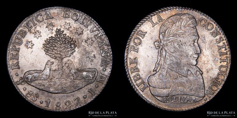 Bolivia. 8 Soles/Sueldos 1827 JM. Simón Bolivar. AG.903, 37.0mm; 26.81g. Primer ...