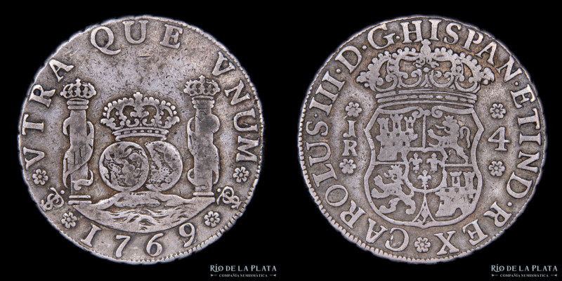 Potosí. Carlos III (1759-1788) 4 Reales 1769/8 JR PTS (Tipo Columnario 1767 a 17...