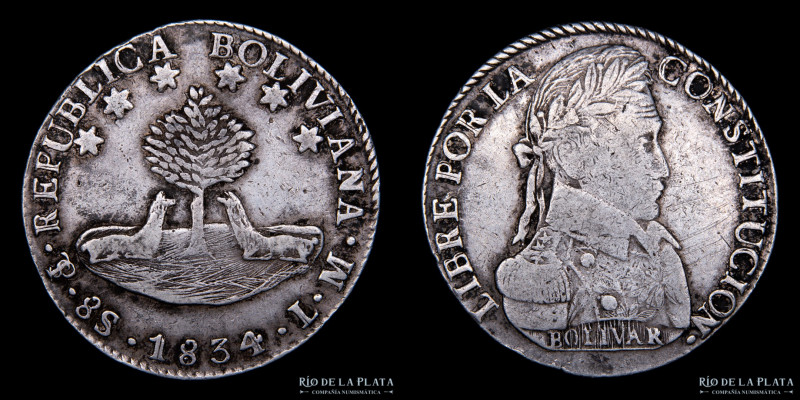 Bolivia. 8 Soles 1834 LM. Simón Bolivar. AG.903, 37.0mm; 26.75. KM97 (VF)

Est...