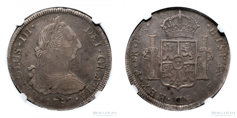 Potosí. Carlos III (1759-1788) 8 Reales 1787 PR (Pedro Mazondo, Raymundo de Ytur...
