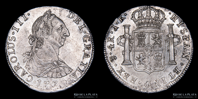 Potosí. Carlos III (1759-1788) 4 Reales 1774 JR (José Vargas y Flor, Francisco d...