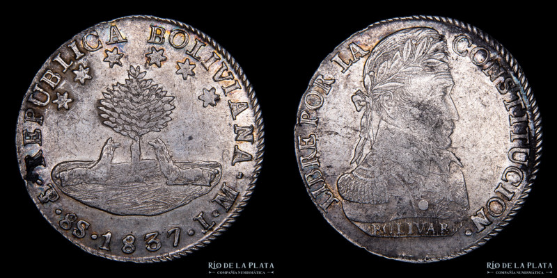 Bolivia. 8 Soles 1837 LM. Simón Bolivar. AG.903, 37.0mm; 26.74. KM97 (XF-) 

E...