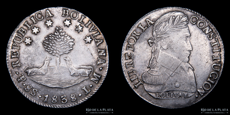 Bolivia. 8 Soles 1838 LM. Simón Bolivar. AG.903, 37.0mm; 27.22. KM97 (XF) Limipa...