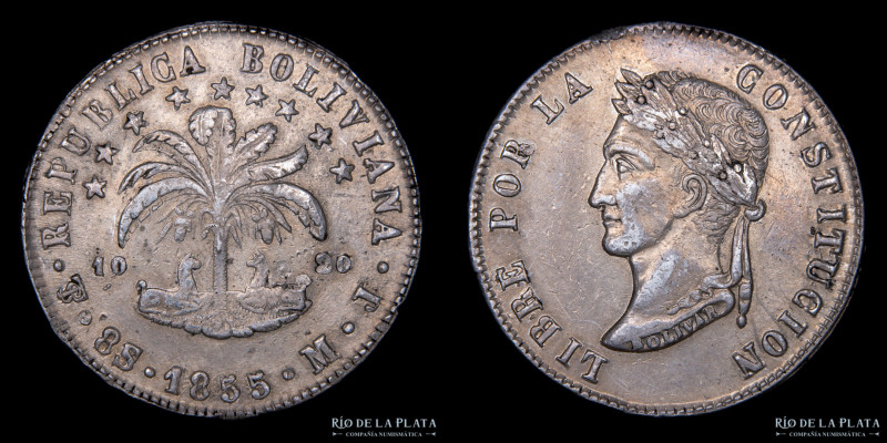 Bolivia. 8 Soles 1855 MJ. Simón Bolivar. AG.903, 37.0mm; 26.62g. KM112.2 (XF) #4...