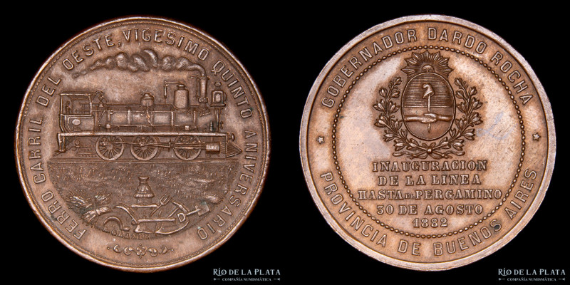 Argentina. Ferroviarias. 1882. Pergamino. Grabador Rosario Grande. Cobre; 40.5mm...