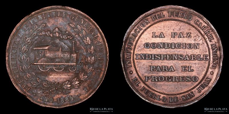 Mendoza. Ferrocarril Andino a San Juan 1885. CU; 49.5mm; 59.35g. A: PRESIDENCIA ...