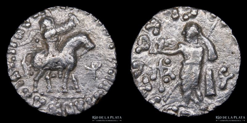 Imperio Indo Escita. Azes. ca. 58-19AC; AR Dracma. 15.0mm; 1.77g. A: BAΣIΛEΩΣ BA...