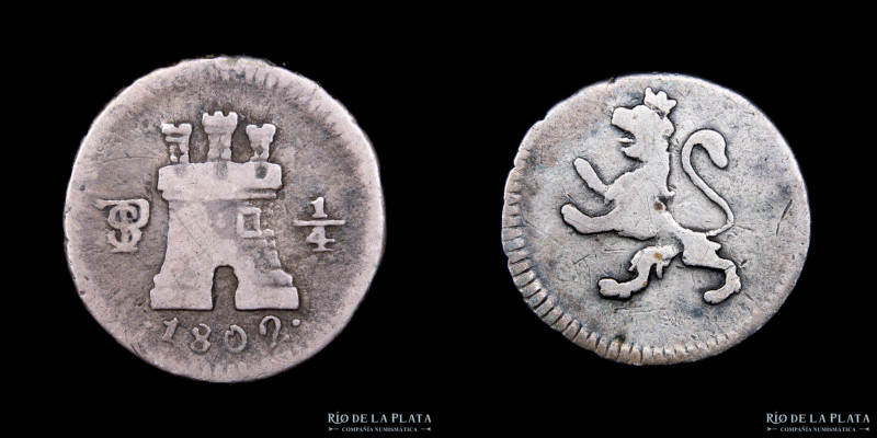 Potosí. Carlos IV (1788-1808) 1/4 Real 1802. AG.896; 11.0mm; 0.82g.CJ 81.9.2 (F)...