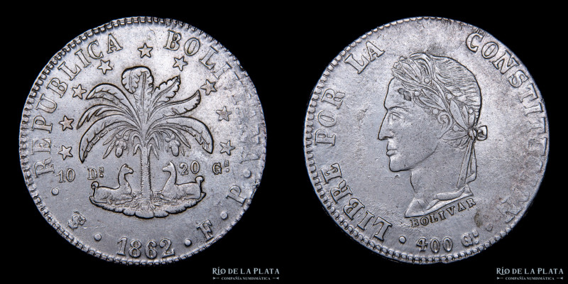 Bolivia. 8 Soles 1862 FP. Simón Bolivar. AG.903, 34.0mm; 20.00g. KM138.6 (XF) #4...