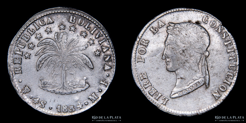 Bolivia. 4 Soles 1854 MF. AG.667; 32mm; 13.80g. KM123.2 (UNC) marca de punzón so...