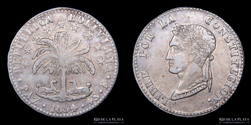 Bolivia. 4 Soles 1854 F. Casa de Moneda de La Paz. AG.667, 31.5mm; 13.45g. KM130...