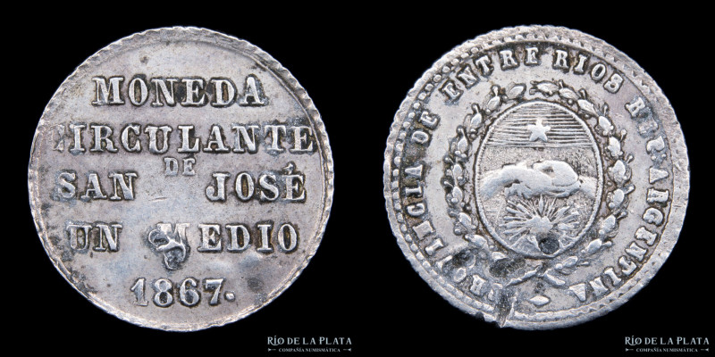 Argentina. Entre Rios. 1/2 Real 1867. Grabador: Pablo Cataldi. AG; 13.0mm; 1.15g...