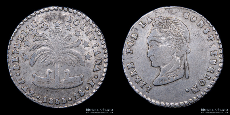 Bolivia. 1 Sol 1855 F. La Paz Mint. Busto laureado tipo "La Paz Crude". AG.667; ...