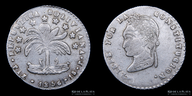 Bolivia. 1 Sol 1856 P. La Paz Mint. Cospel grueso y máspesado. Busto laureado ti...