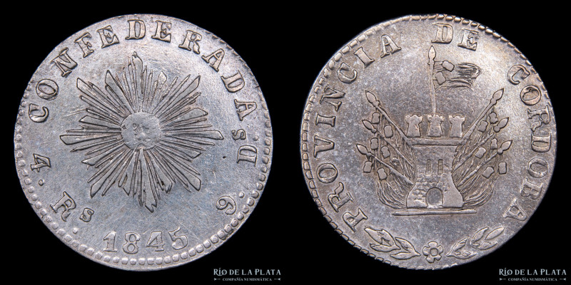 Argentina. Córdoba. 4 Reales 1845. AG.750;. 31mm; 13.71g. CJ 50.2.7 (A2-R4), (XF...