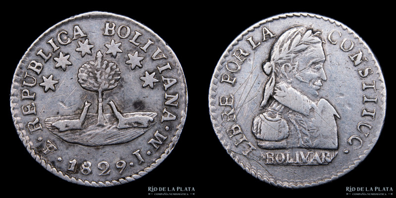 Bolivia. 1/2 Sol / Sueldo 1829 JM. "CONSTITUCI" AG.903; 17mm; 1.64g. Muy escasa....