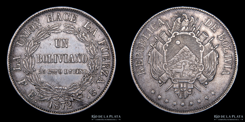 Bolivia. 1 Boliviano 1872. FE a la izquierda de la fecha. AG.900; 36mm; 25.06g. ...