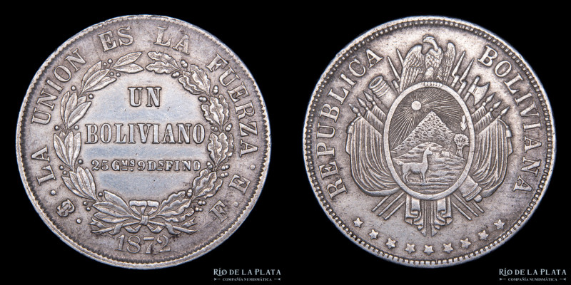 Bolivia. 1 Boliviano 1872 FE a la derecha de la fecha. AG.900; 36mm; 24.75g. KM1...