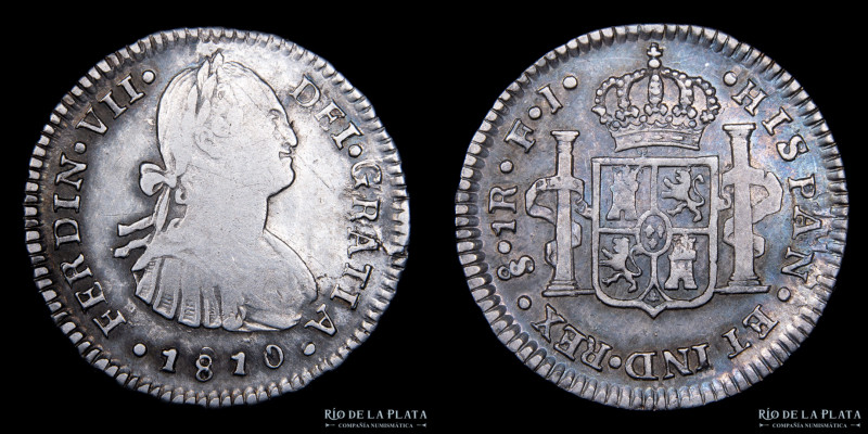 Santiago. Fernando VII. 1 Real 1810 FJ. Busto transicional de Carlos IV. AG.896,...