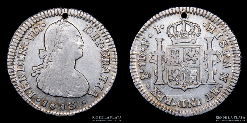 Santiago. Fernando VII. 1 Real 1813 FJ. Busto transicional de Carlos IV. AG.896,...