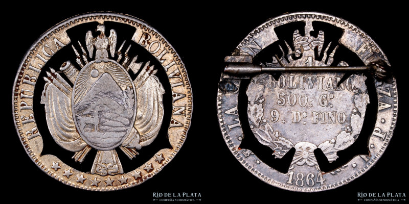 Bolivia. 1 Boliviano 1864 FP. Convertido en Broche. Plata; 20.89g.

Estimate: ...