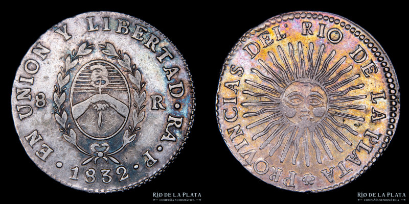 Argentina. La Rioja. 8 Reales 1832 RA P (Manuel Piñeyro). AG.875, 38.5mm; 26.35g...