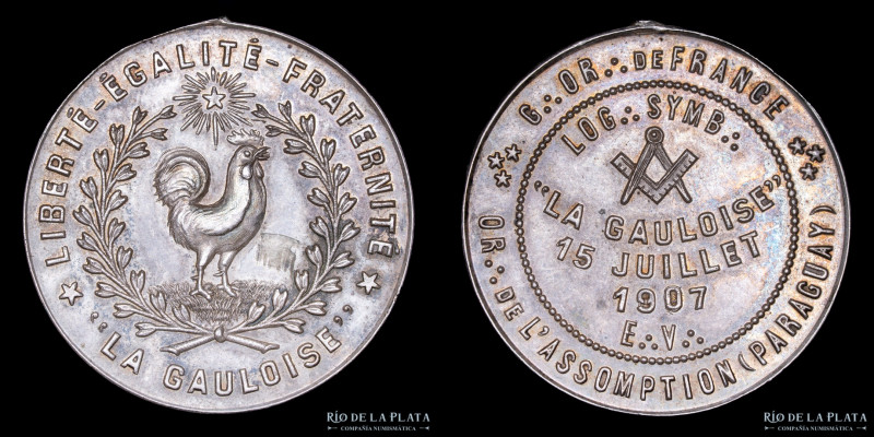 Paraguay. Masónica. Resp. Log.: La Gauloise. Oriente francés. Plata; 32mm; 15.86...