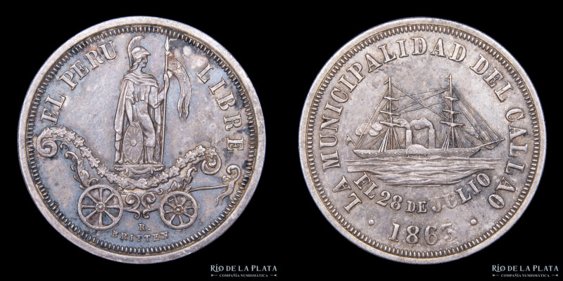 Perú. 1863. El Peru Libre. Municipalidad de El Callao. AG; 25mm; 6.11g. (XF)
Es...