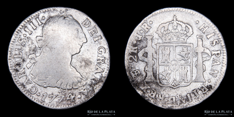 Potosí. Carlos III. 2 Reales 1774 JR (José de Vargas y Raymundo de Yturrriaga) A...