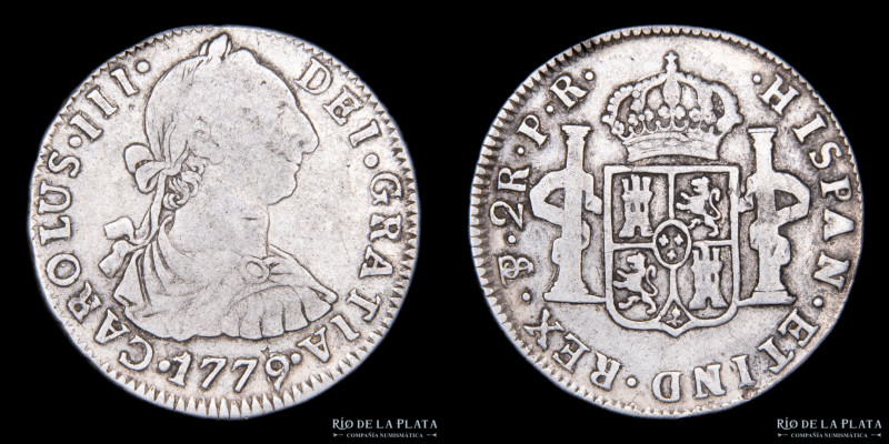 Potosí. Carlos III (1773 -1789) 2 Reales 1779 PR (Ensayadores Pedro Mazondo y Fl...