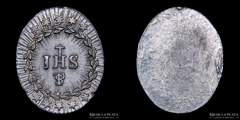 Bolivia. 1830. Medalla Religiosa. AG; 21x17mm; 1.7g. A: Al centro el texto: JHS ...