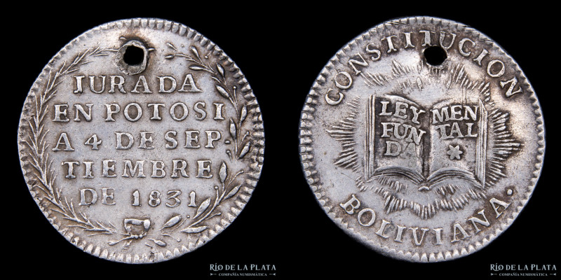 Bolivia. 1 Sol 1826. Jura Constitucional. Medalla monetaria. AG; 20mm; 3.2g. Can...