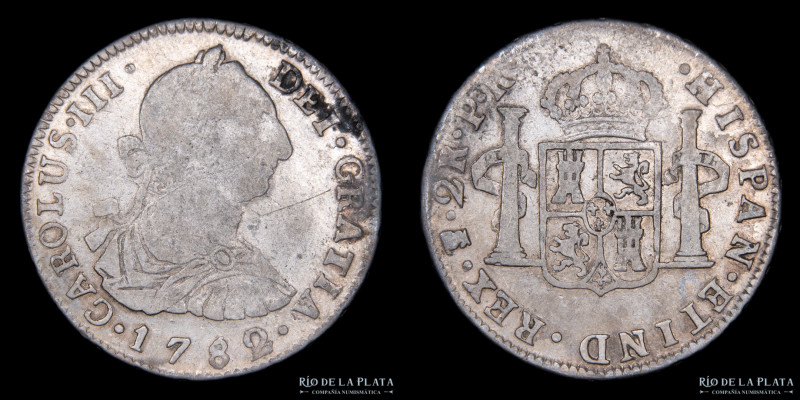 Potosí. Carlos III (1773 -1789) 2 Reales 1782 PR (Ensayadores Pedro Mazondo y Fl...