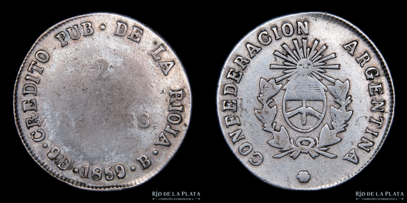 Argentina. La Rioja. 2 Reales 1859. AG.750, 28mm; 5.96g. Confederación Argentina...