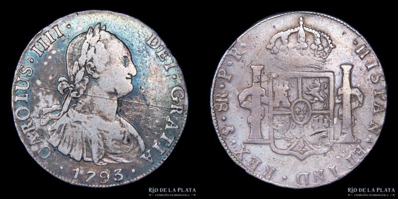 Potosí. Carlos IV (1788-1808) 8 Reales 1793 PR (Pedro Mazondo, Raymundo de Yturr...