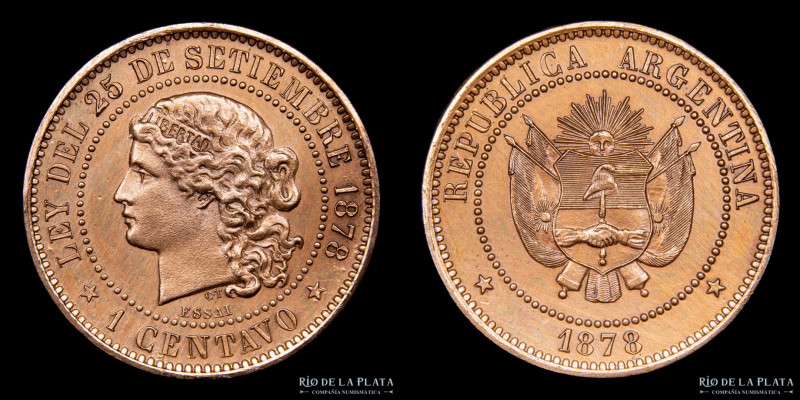 Ensayo Nacional. 1 Centavo 1878. Grabador: Carlos Trotin. Cobre; 25.2mm; 4.80g. ...
