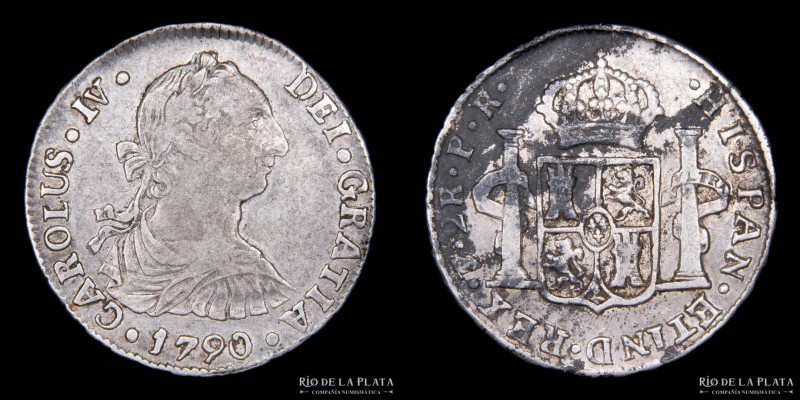 Potosí. Carlos IV (1788-1808) 2 Reales 1790 PR. (Ensayadores Pedro Mazondo, Raym...