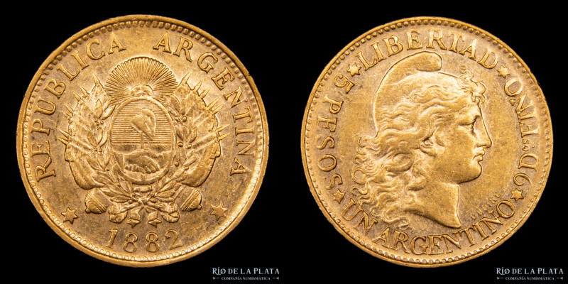 Argentina. 5 Pesos 1882 "Argentino de oro". Oro AU.900; 22.1mm; 8.08g. Ceca de B...