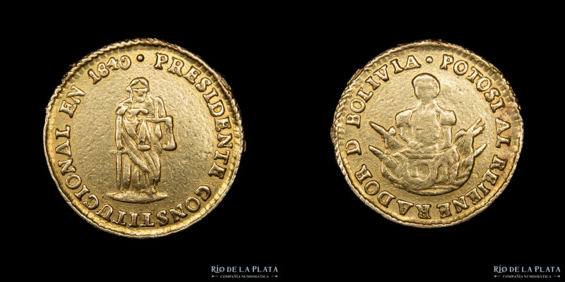 Bolivia. 1840. 1 Escudo. Al Regenerador de Bolivia. AU; 21mm; 6.7g. A: Busto del...